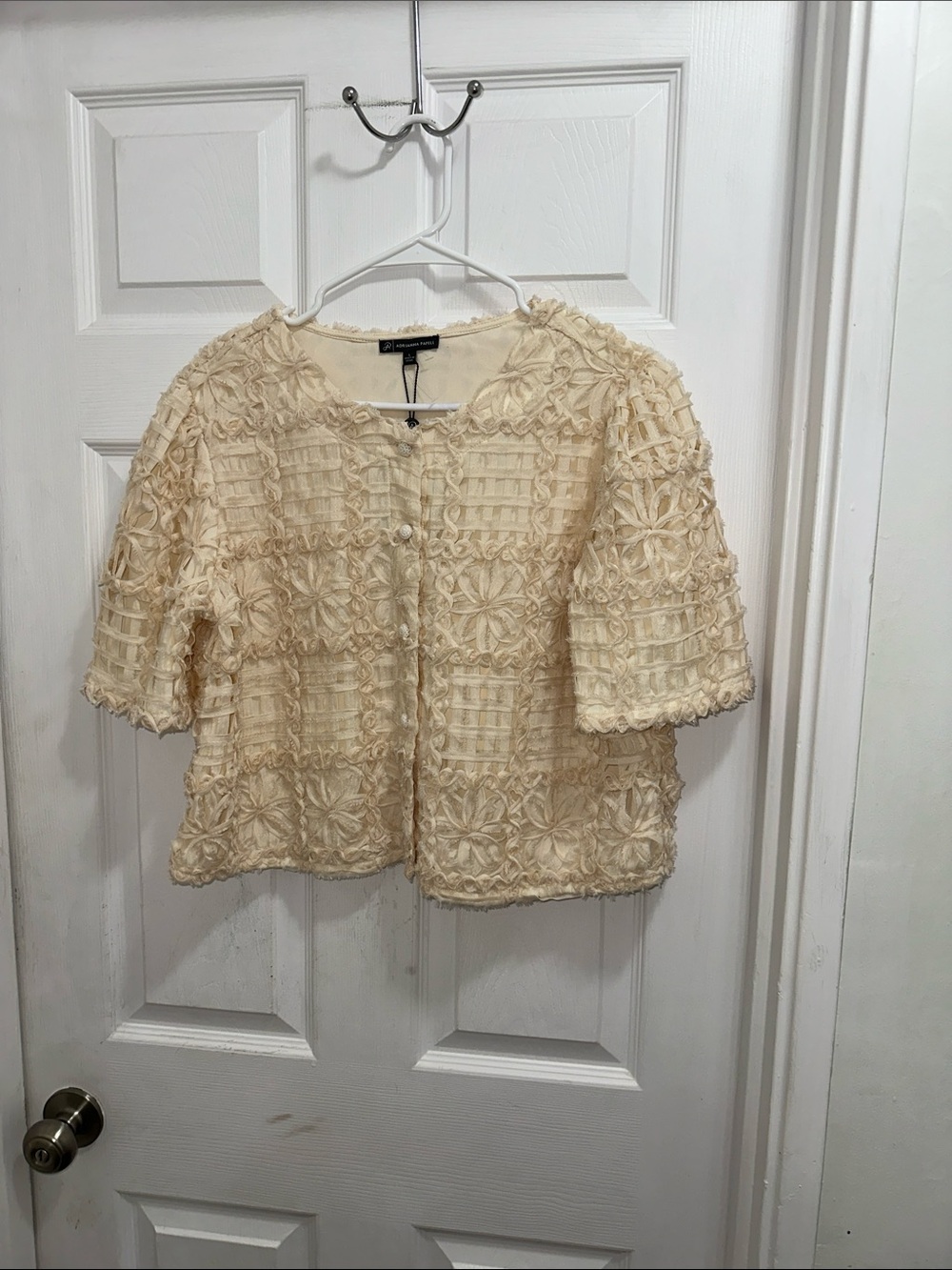 Adrianna Papell Cream Floral Crochet Short Sleeve Top